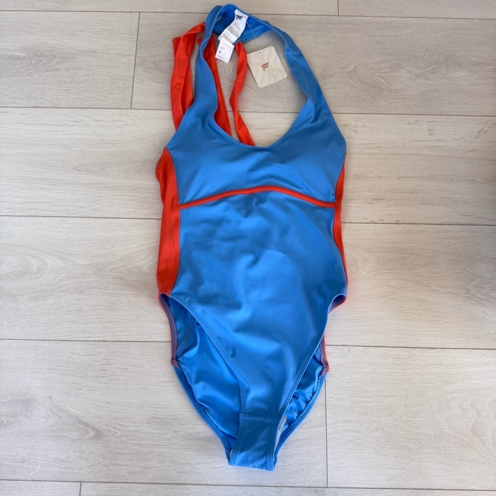 Fabletics Sexy Lace-Up Racerback One Piece Swimsuit Orange and Blue - Picture 3 of 5